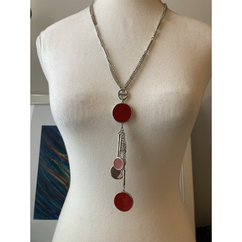 Chico’s Silver Tone Pendant Necklace Red & Pink Geometric Abstract Circles